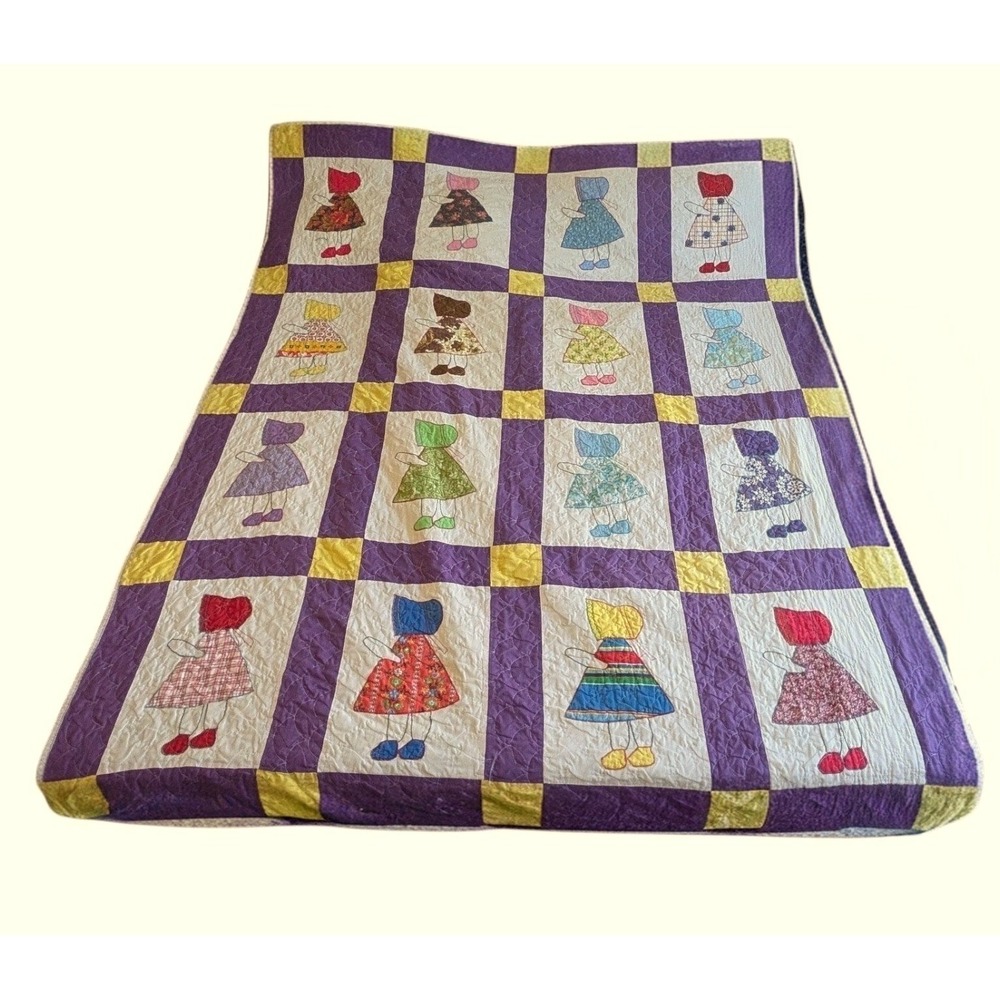 Vintage Handmade Quilt Sunbonnet Sue Twin Purple Calico‎ Cottage Folk Art 67x84